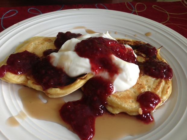 Allergic Solution Pancakes, vanilla yogurt, raspberry jam, & maple syrup